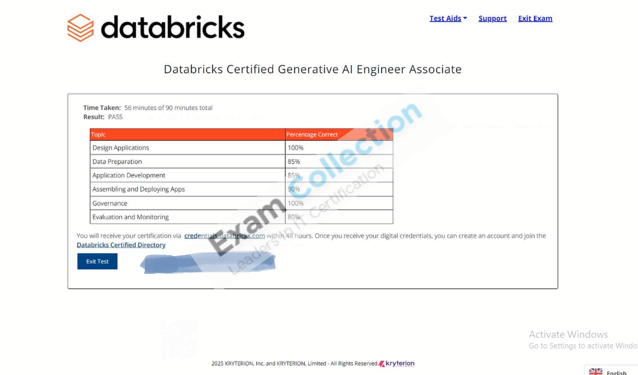 Passed score card for Generative AI Engineer certification 1