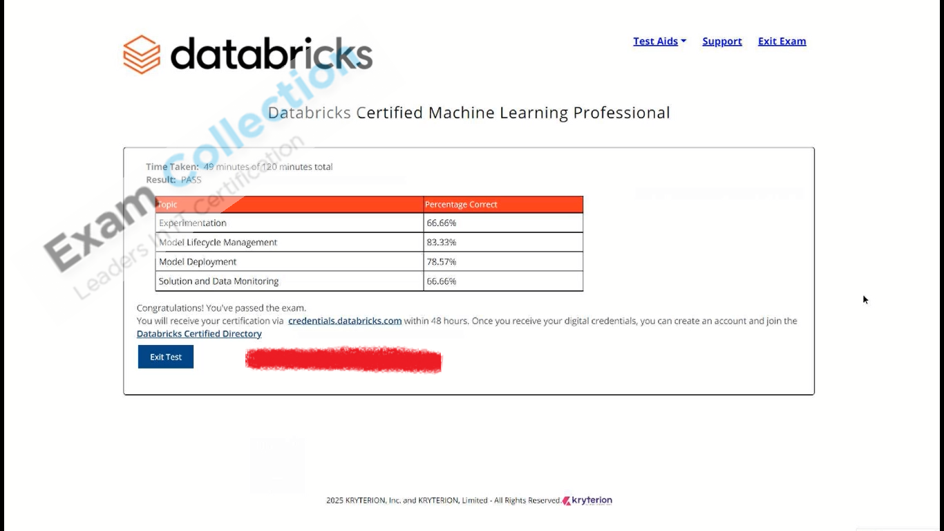 Passed score card for ML Data Scientist certification 1