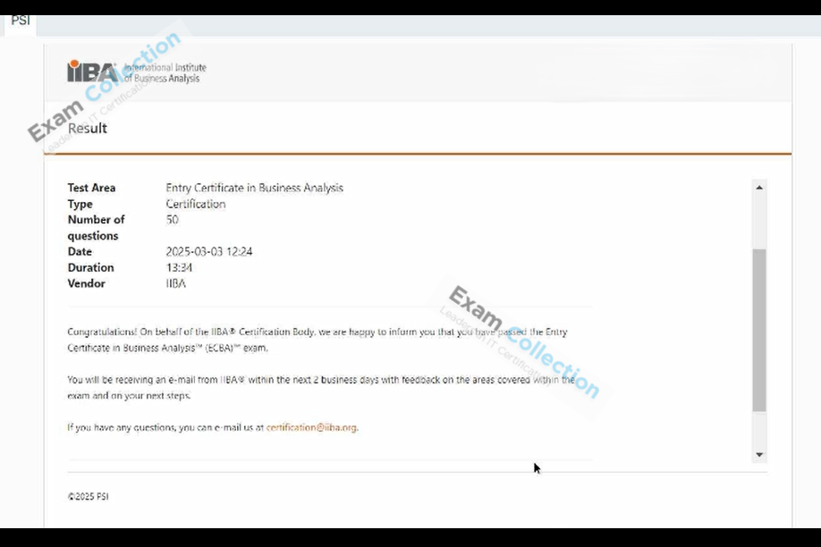 Passed score card for Entry Certificate in Business Analysis certification 1