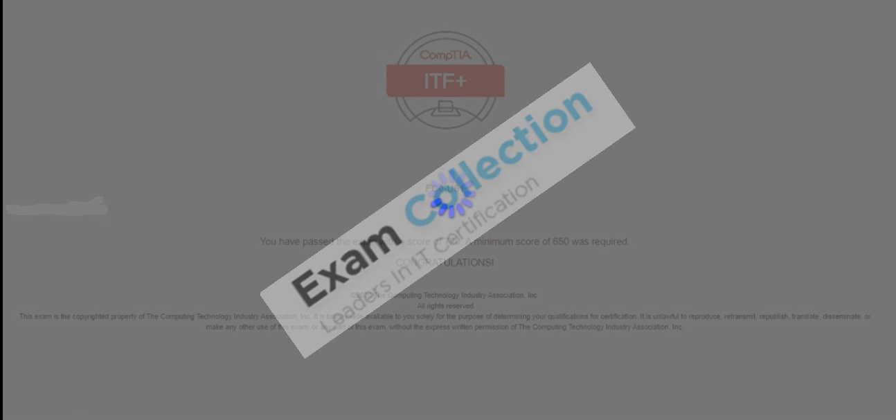Passed score card for IT Fundamentals certification 1