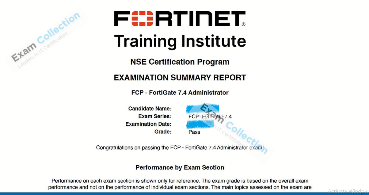 Passed score card for Fortinet Network Security Expert certification 4