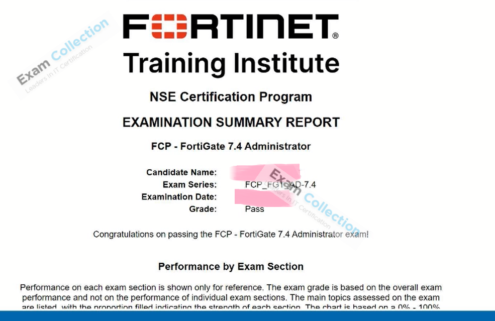 Passed score card for Fortinet Network Security Expert certification 2
