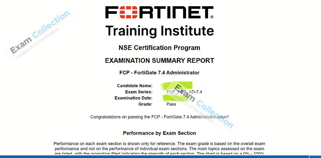 Passed score card for Fortinet Network Security Expert certification 3