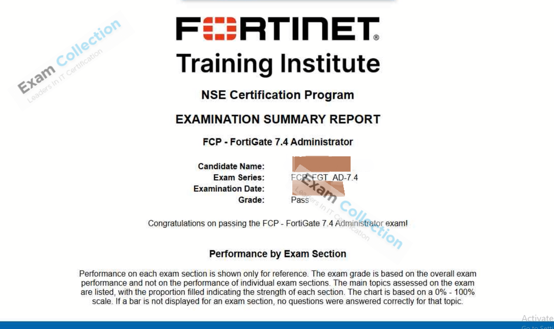 Passed score card for Fortinet Network Security Expert certification 5