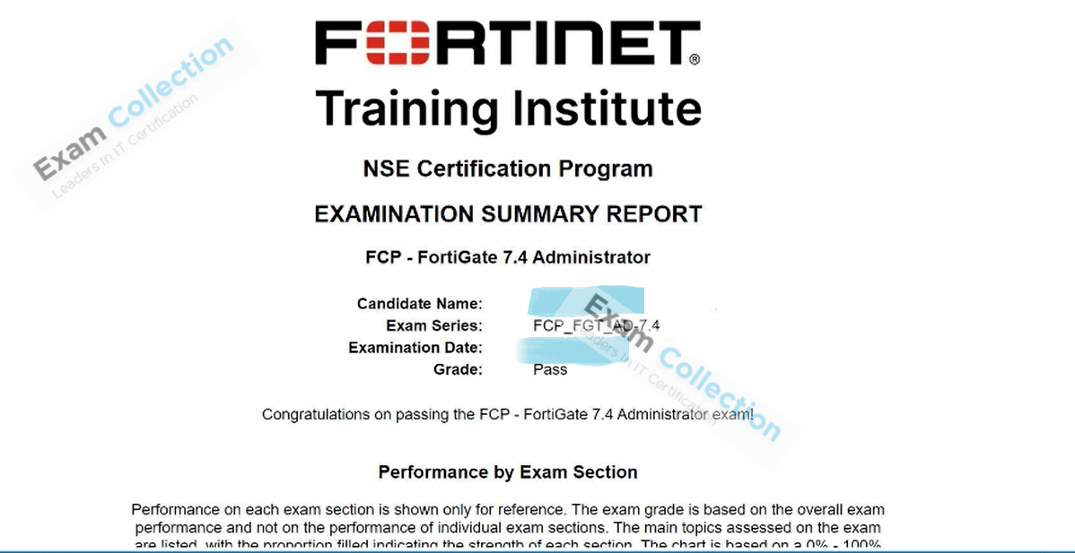 Passed score card for Fortinet Network Security Expert certification 1