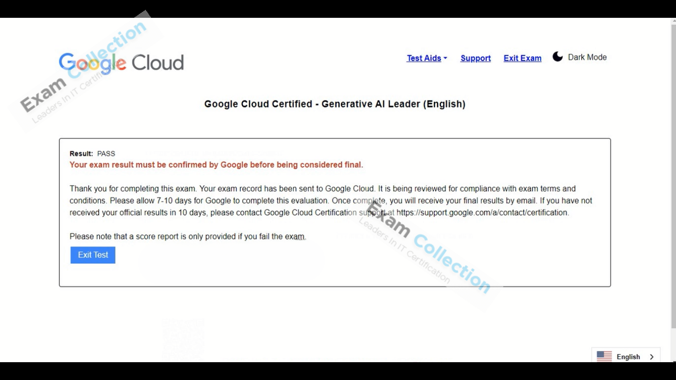 Passed score card for Google Cloud Certified certification 1