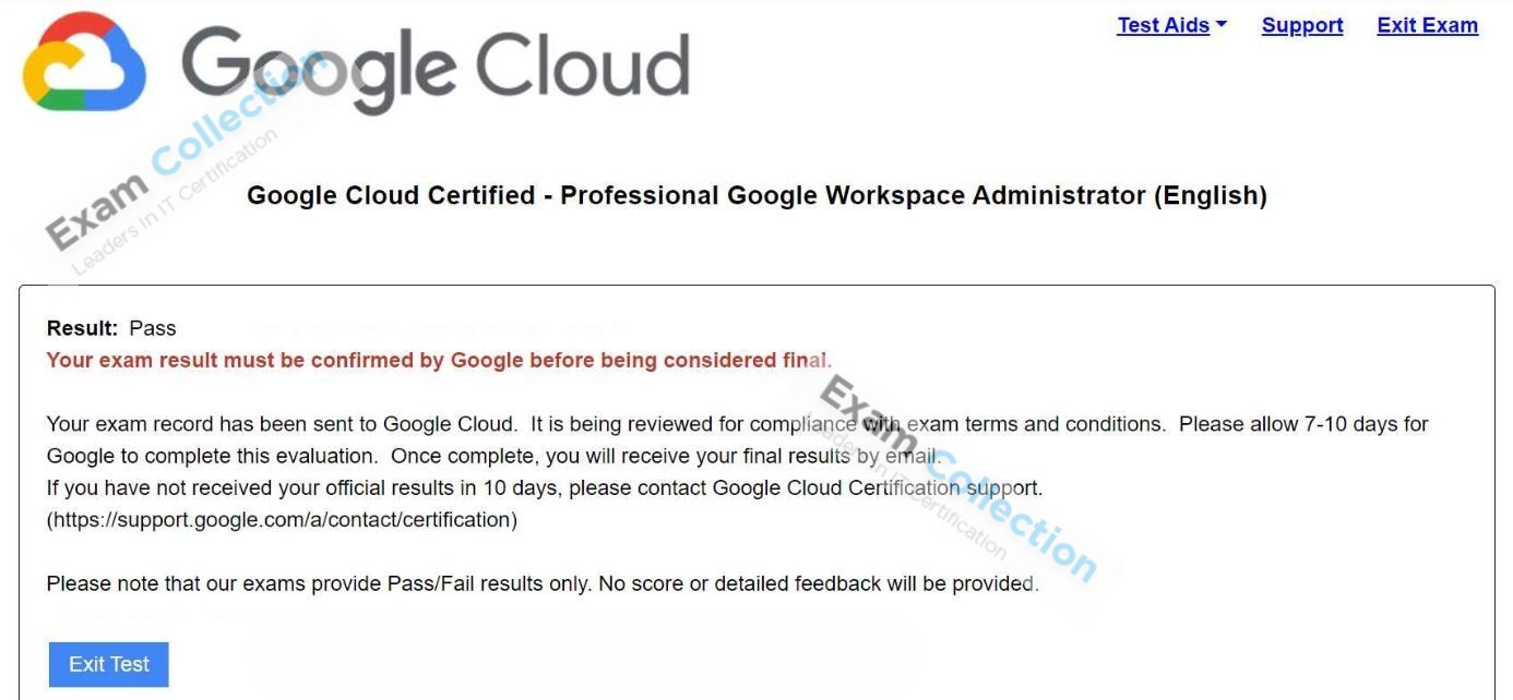 Passed score card for Workspace Administrator certification 2