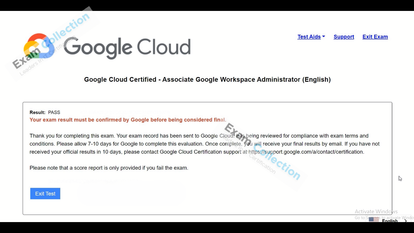Passed score card for Workspace Administrator certification 1