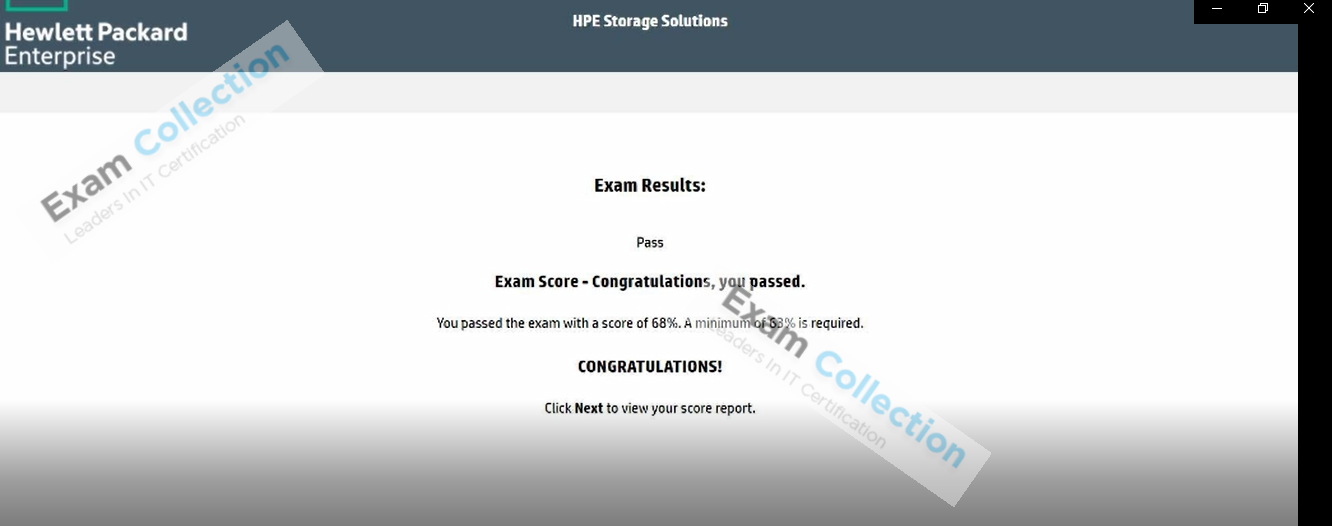 Passed score card for HPE ASE certification 1
