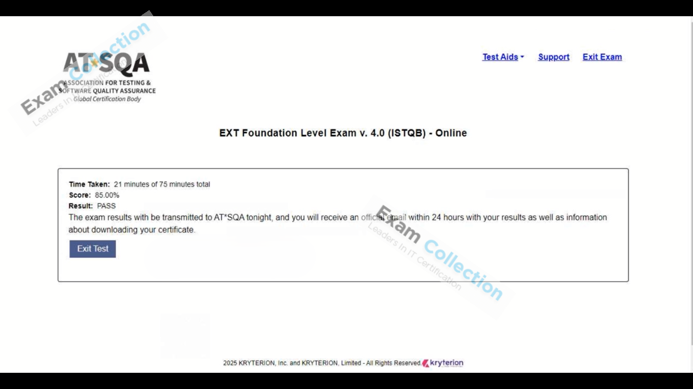 Passed score card for Foundation Level certification 2