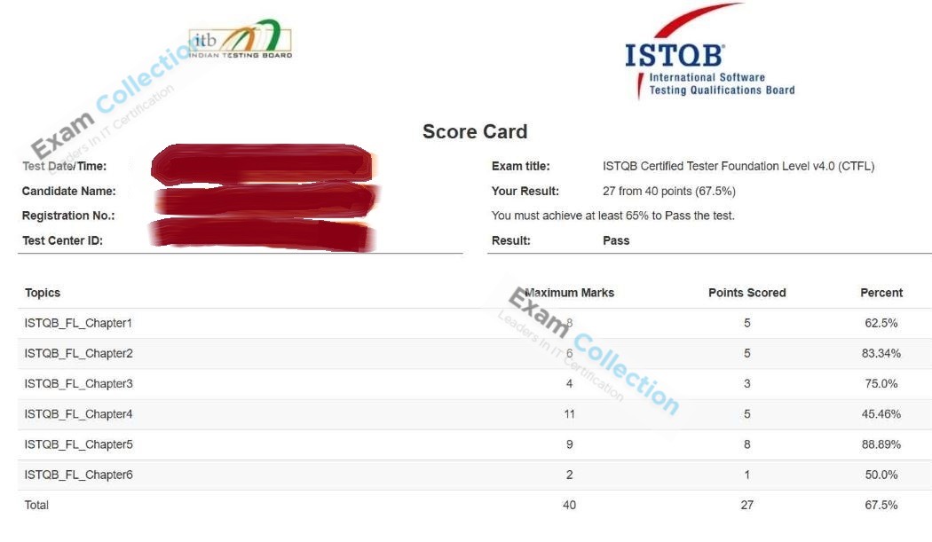 Passed score card for Foundation Level certification 1