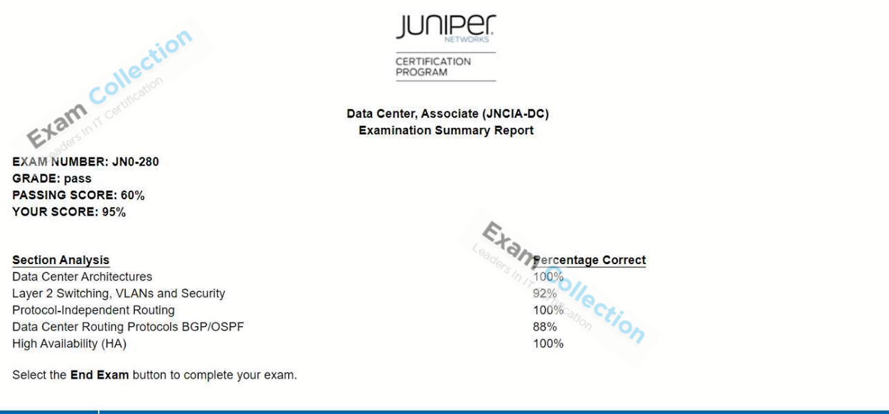 Passed score card for JNCIA-DC certification 1
