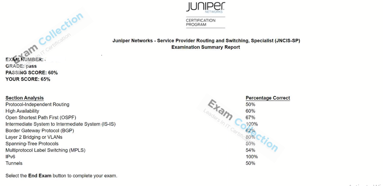 Passed score card for JNCIS-SP certification 1