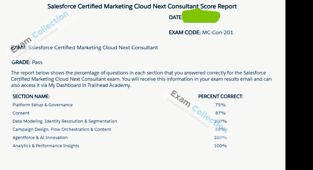 Passed score card for Marketing Cloud Consultant certification 2