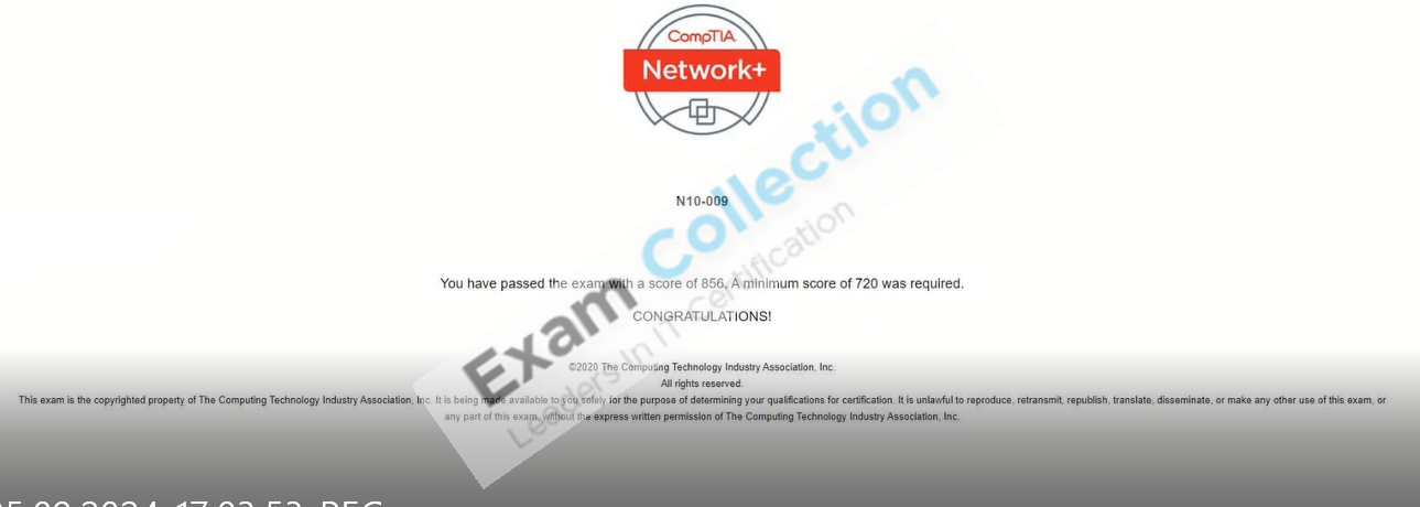 Passed score card for CompTIA Network+ certification 1