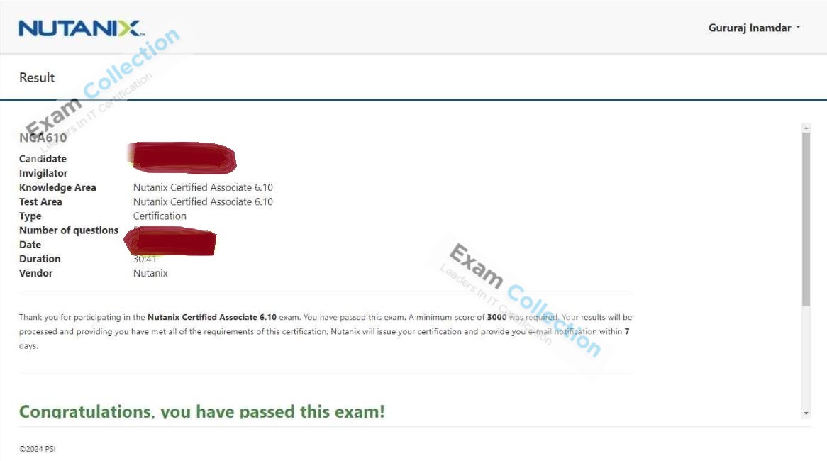 Passed score card for Nutanix Certified Associate (NCA) certification 1