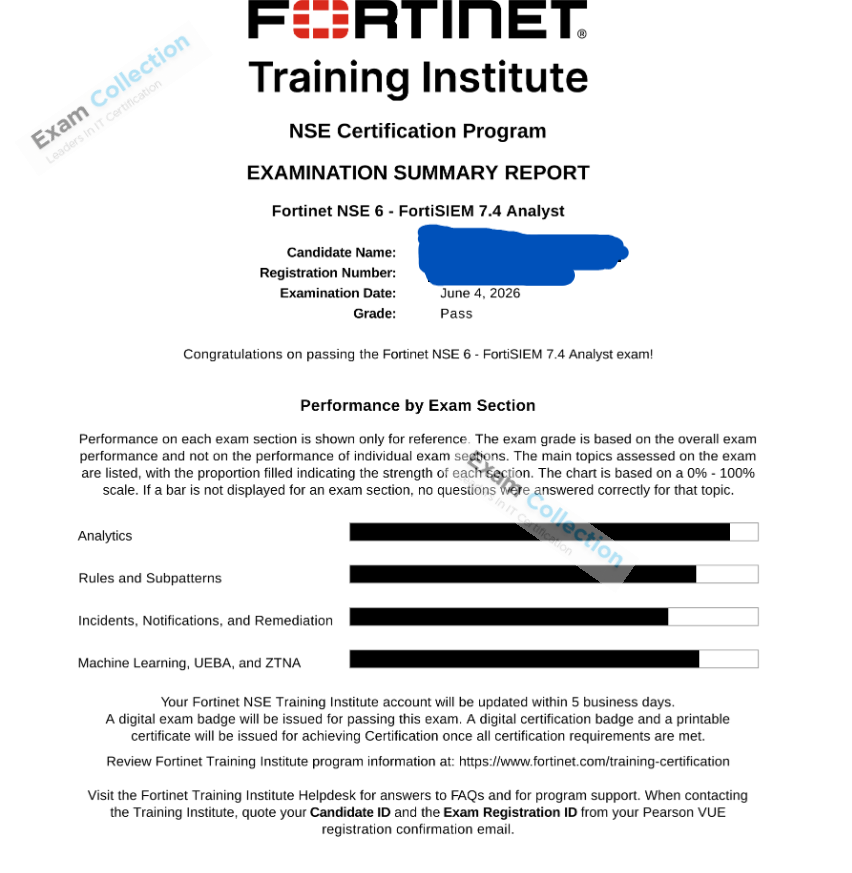 Passed score card for NSE 6 Network Security Specialist certification 1