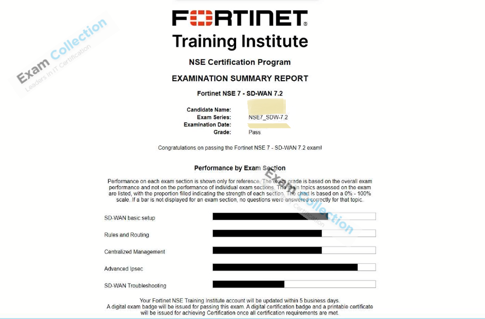 Passed score card for NSE 7 Network Security Architect certification 1