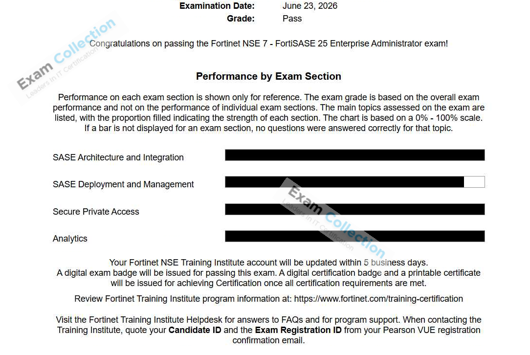 Passed score card for Fortinet Network Security Expert certification 4