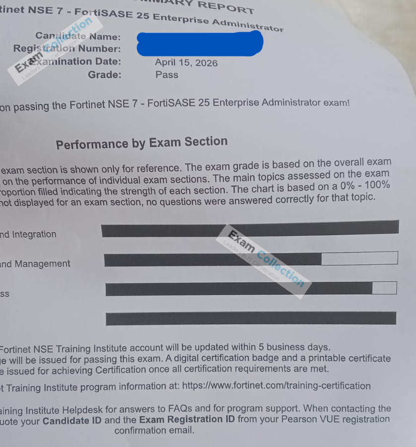Passed score card for Fortinet Network Security Expert certification 5