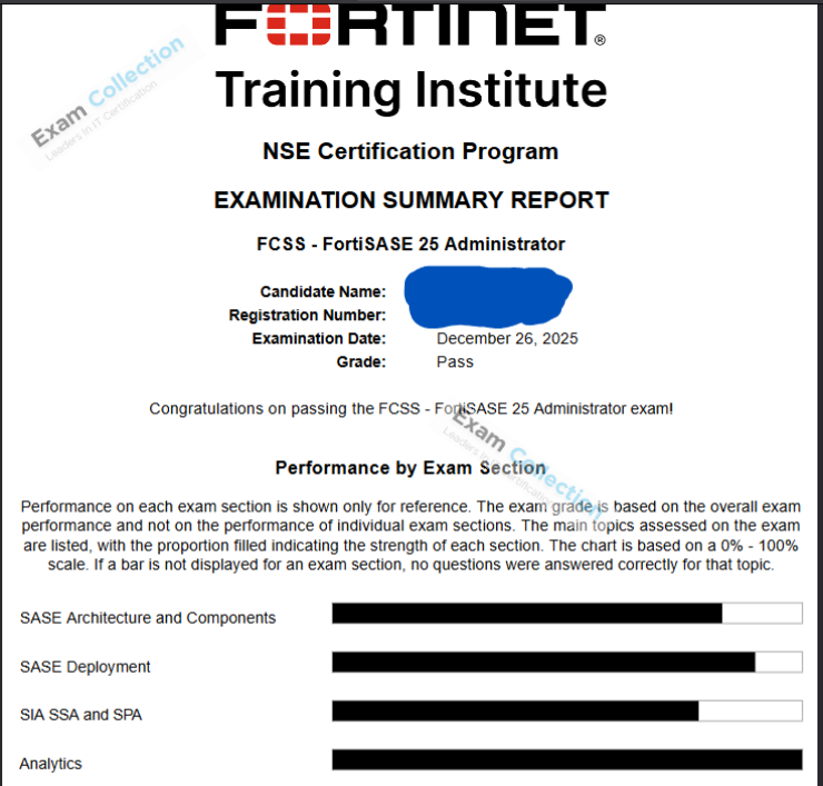 Passed score card for Fortinet Network Security Expert certification 1