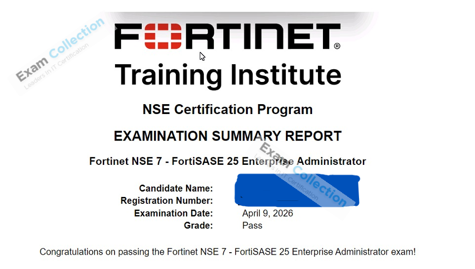Passed score card for Fortinet Network Security Expert certification 6