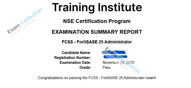 Passed score card for Fortinet Network Security Expert certification 2