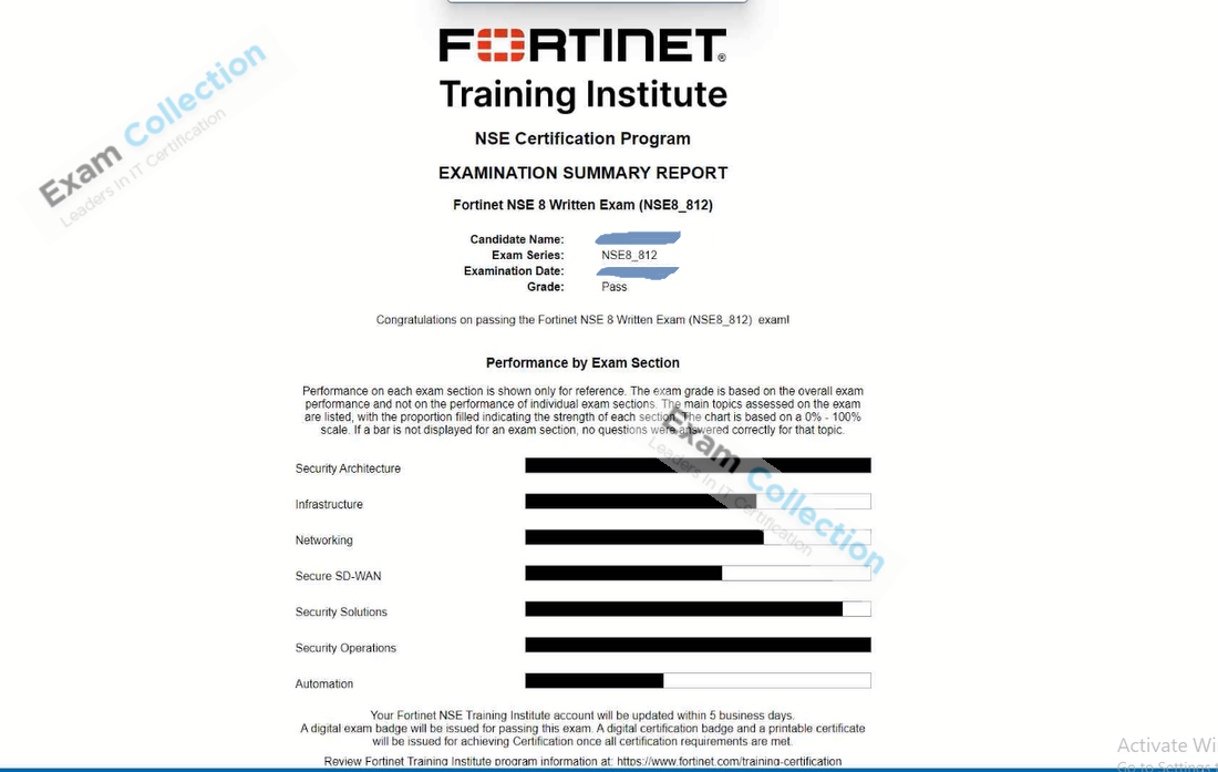 Passed score card for Fortinet Network Security Expert certification 1