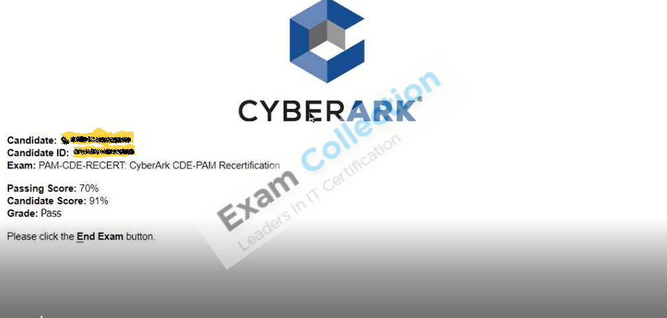 Passed score card for CyberArk CDE Certification certification 1