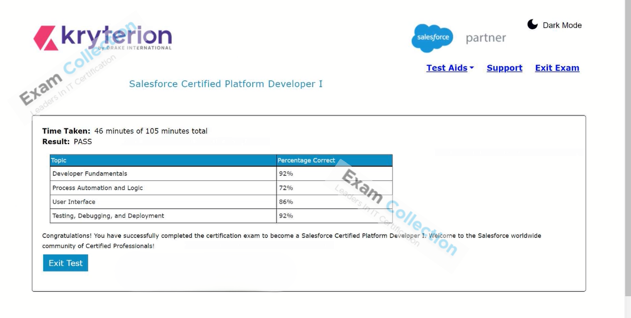 Passed score card for Developers certification 1