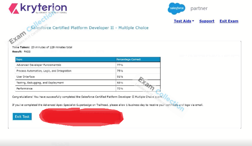 Passed score card for Developers certification 1