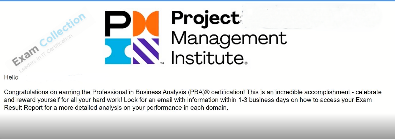 Passed score card for PMI Professional in Business Analysis certification 1