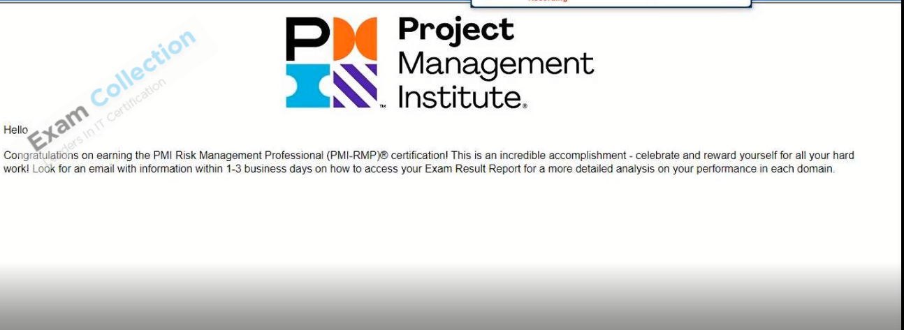Passed score card for PMI Certification certification 1