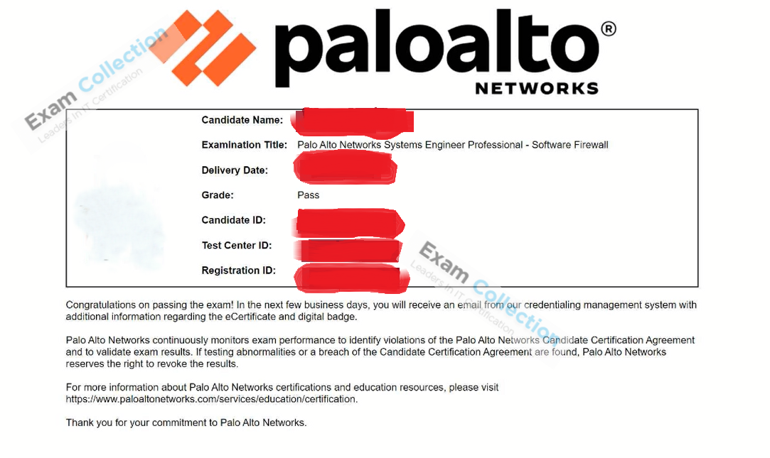 Passed score card for PSE-Software Firewall Professional certification 1