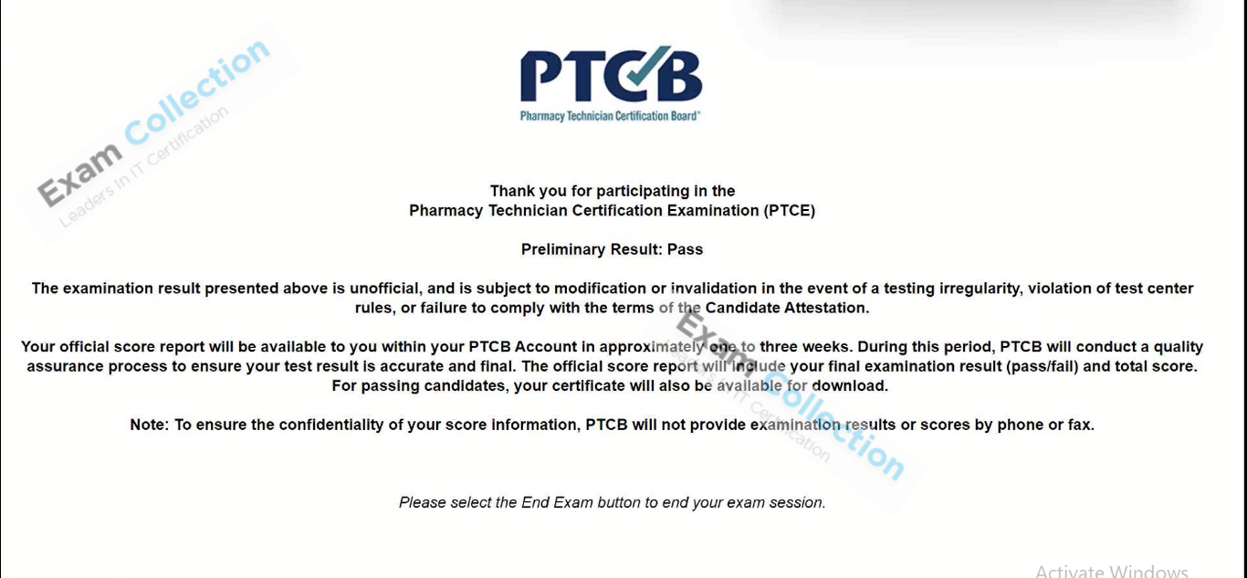 Passed score card for CPhT certification 1