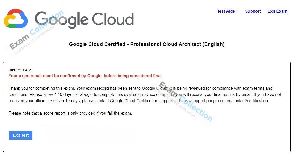 Passed score card for Google Cloud Certified certification 1