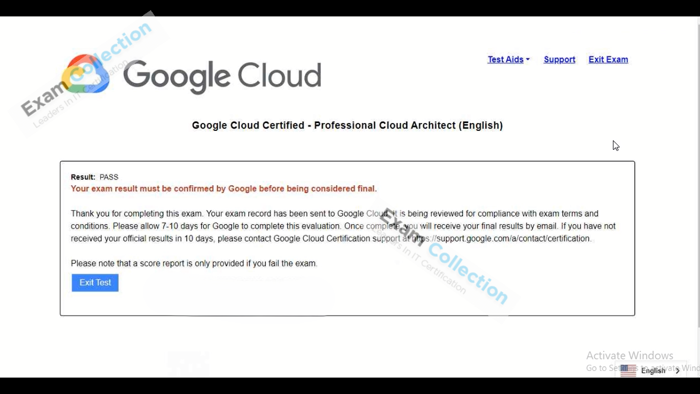 Passed score card for Google Cloud Certified certification 2