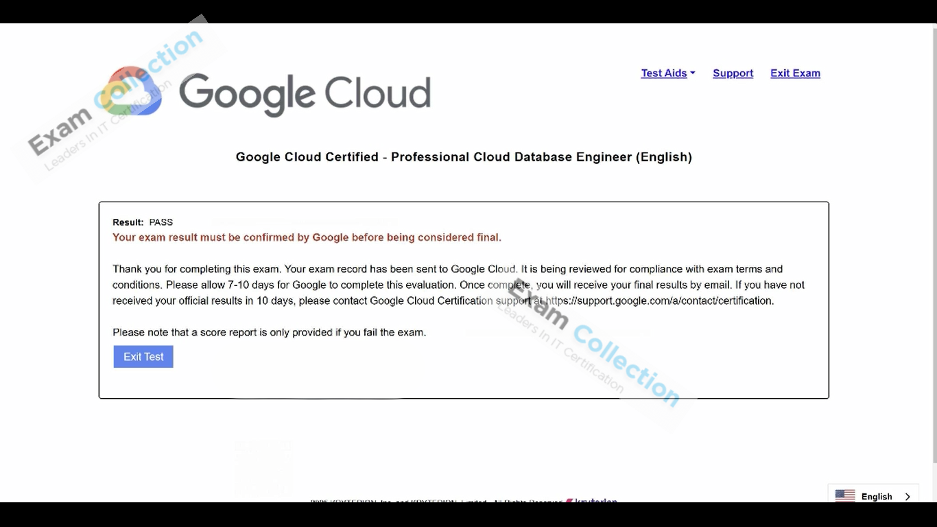 Passed score card for Cloud Database Engineer certification 1