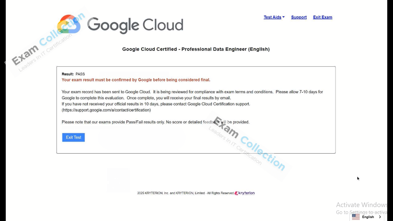 Passed score card for Google Cloud Certified certification 1