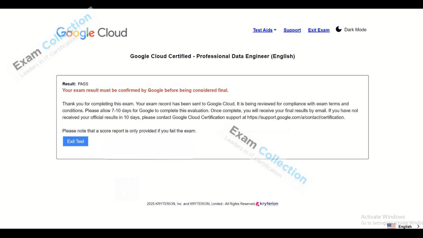 Passed score card for Google Cloud Certified certification 2