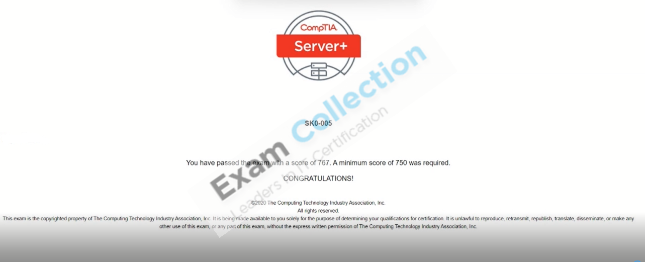 Passed score card for CompTIA Server+ certification 1