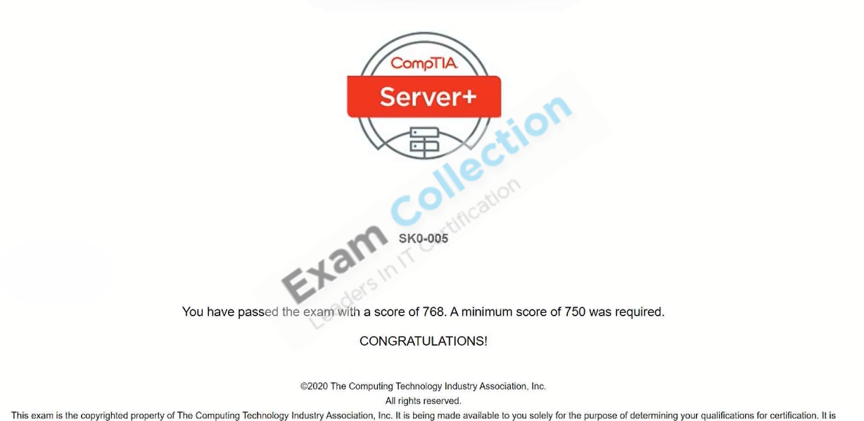 Passed score card for CompTIA Server+ certification 2