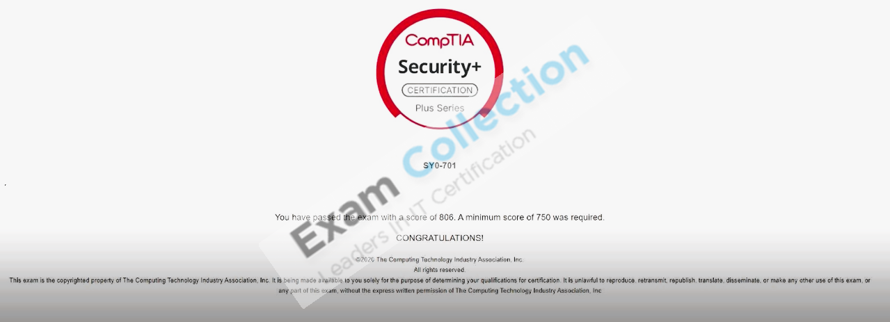 Passed score card for CompTIA Security+ certification 2
