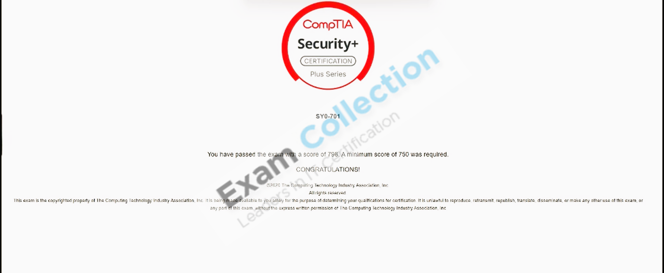 Passed score card for CompTIA Security+ certification 3
