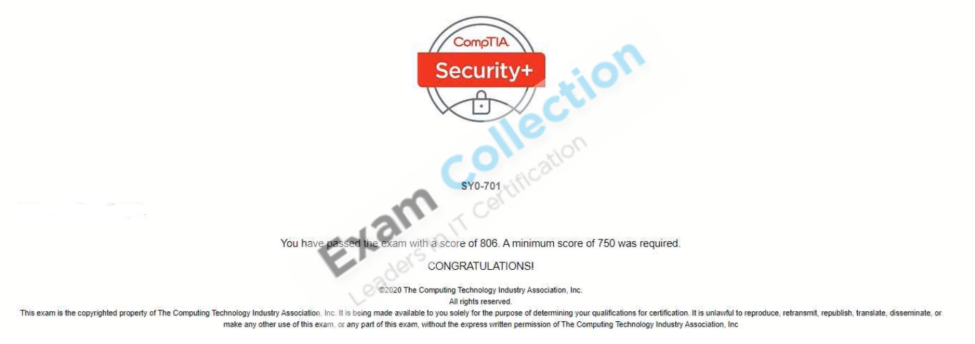 Passed score card for CompTIA Security+ certification 1