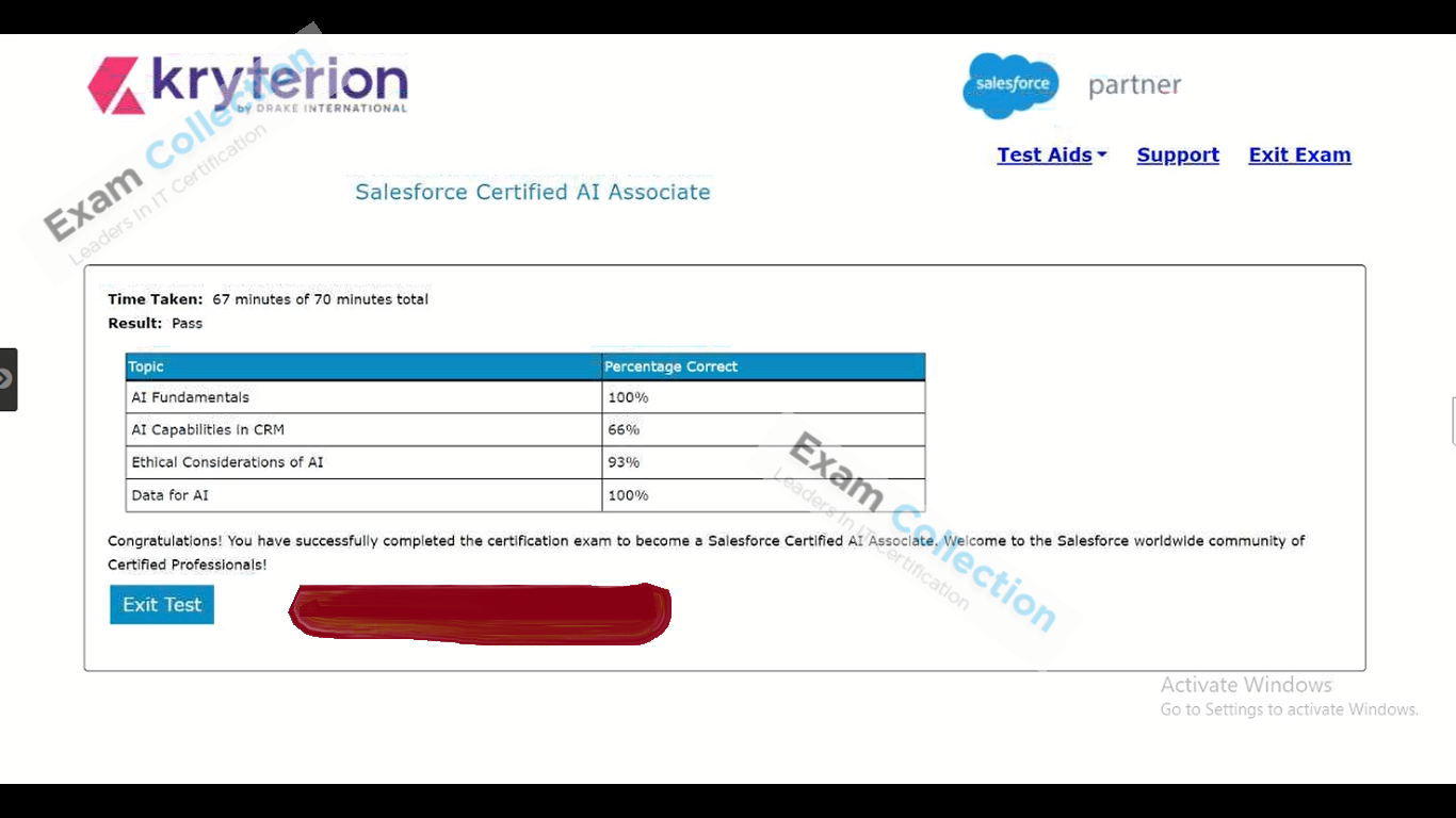 Passed score card for AI Associate certification 1