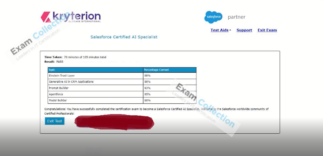 Passed score card for AI Associate certification 1