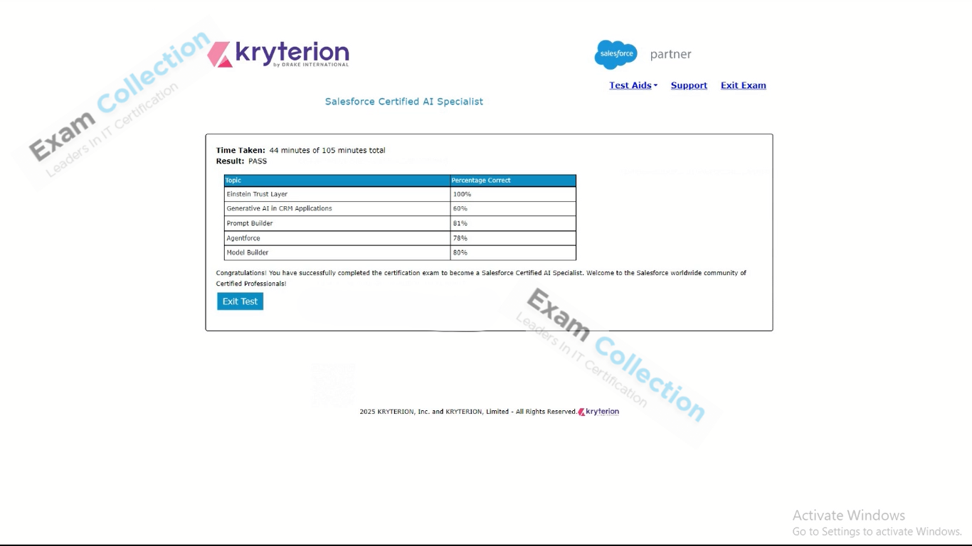 Passed score card for AI Associate certification 2