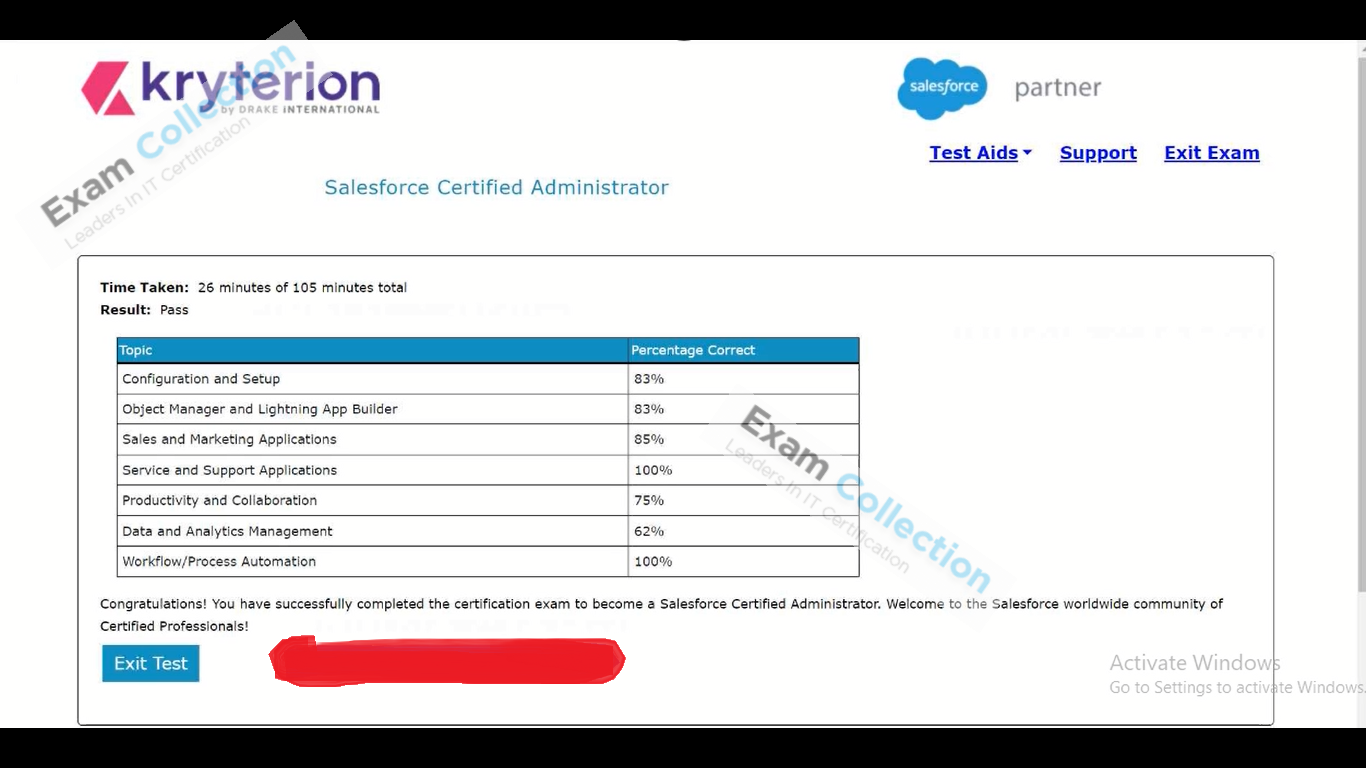Passed score card for Salesforce Administrator certification 1