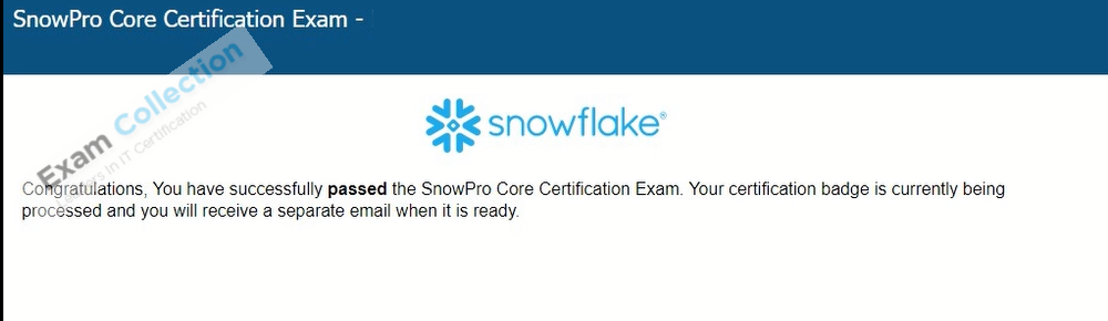 Passed score card for SnowPro Core Certification certification 1